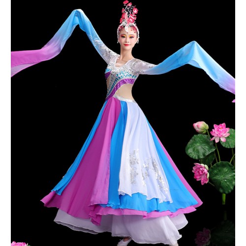 Chinese folk dance dress for women girls purple with blue gradient Waterfall sleeve queen classical dance performance costume Chinese fairy hanfu Xiangyun ancient dance clothes